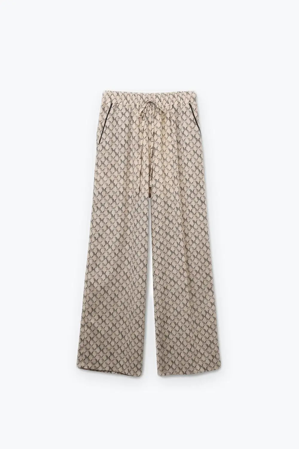 Cream horse Print Quilted Drawstring Wide Leg Pants