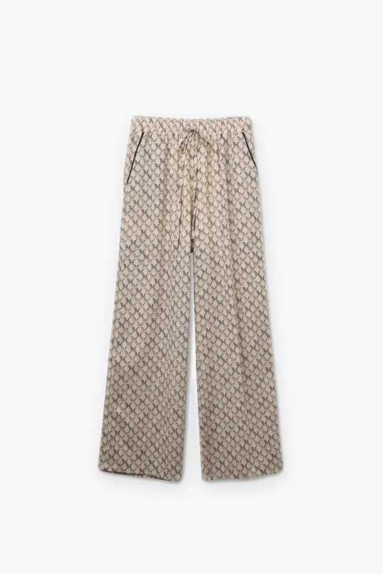 Cream horse Print Quilted Drawstring Wide Leg Pants