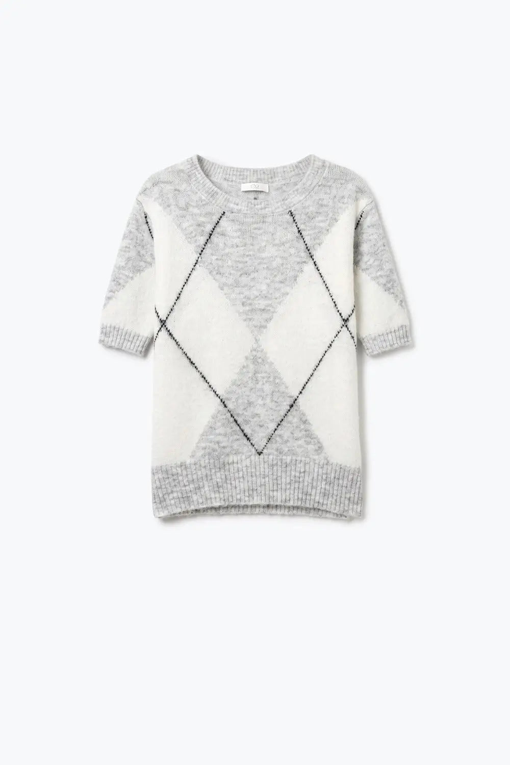 grey and cream Argyle Knit Short Sleeve Sweater - WHITE / ONE - Sweaters