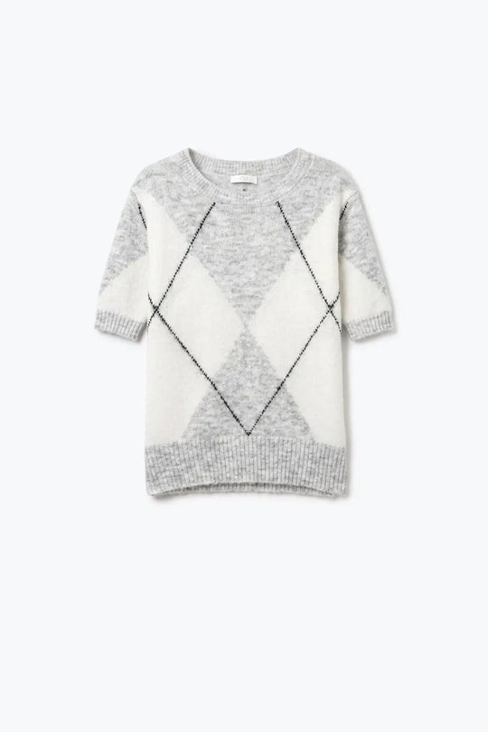 grey and cream Argyle Knit Short Sleeve Sweater - WHITE / ONE - Sweaters