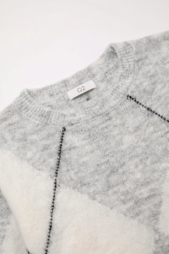 grey and cream Argyle Knit Short Sleeve Sweater - WHITE / ONE - Sweaters