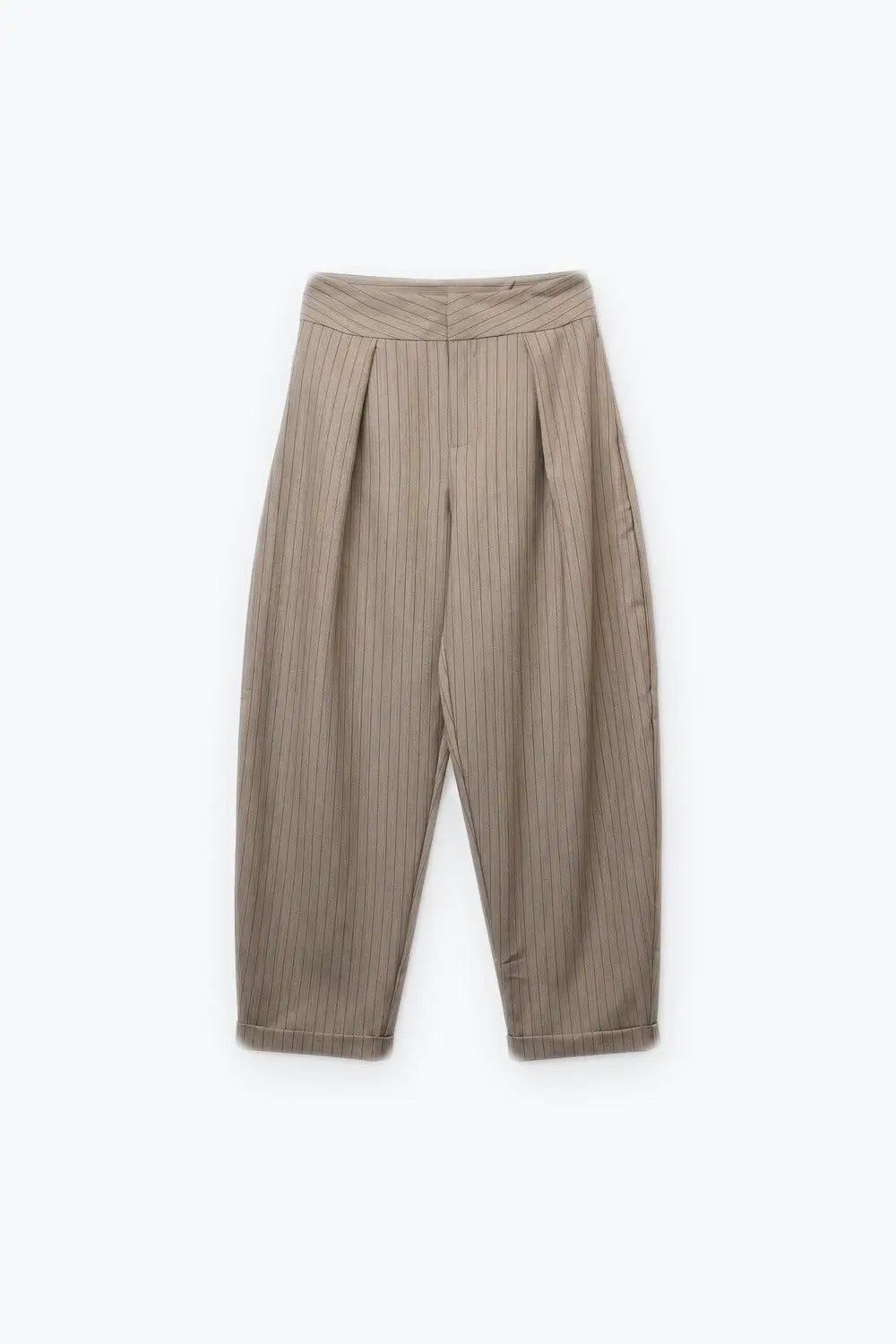 Beige Pinstripe Lightweight Woven High Waist Pleated Pants