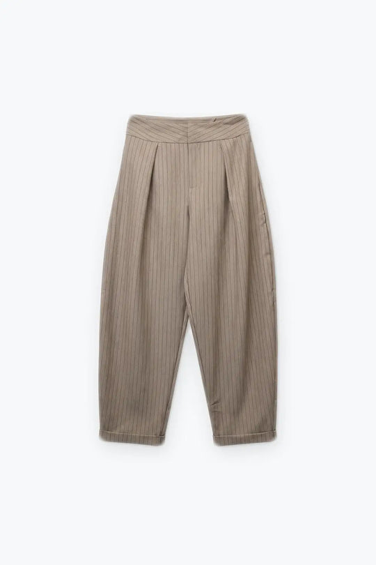Beige Pinstripe Lightweight Woven High Waist Pleated Pants