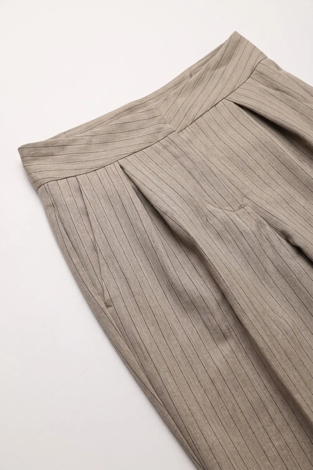 Beige Pinstripe Lightweight Woven High Waist Pleated Pants