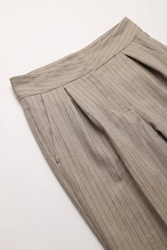 Beige Pinstripe Lightweight Woven High Waist Pleated Pants