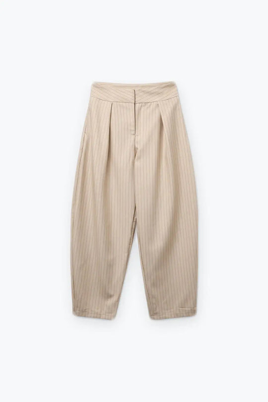 Cream Pinstripe soft Woven Pleated Tapered Pants