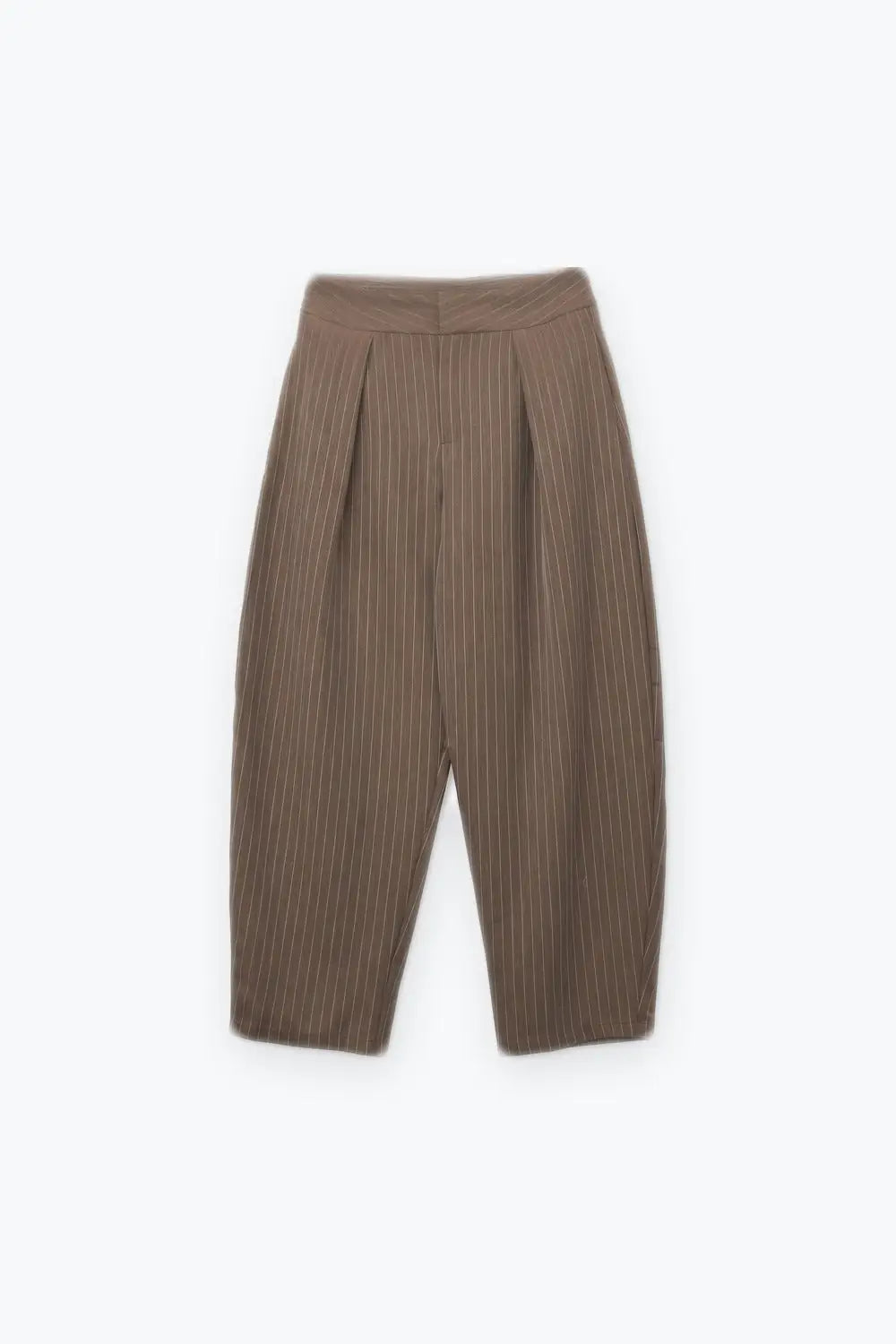 Brown Pinstripe soft Woven Pleated Tapered Pants - Pants