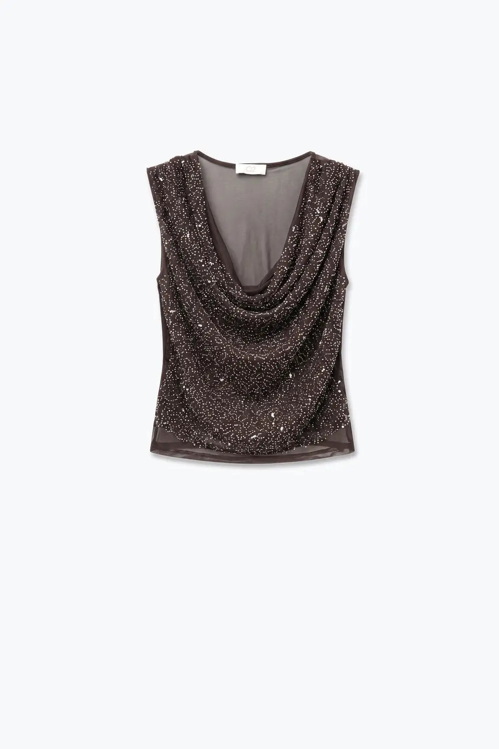 Brown Sequin Cowl Neck Sleeveless Top with mesh back - Shirts