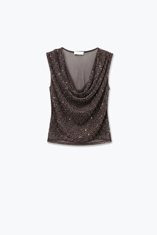 Brown Sequin Cowl Neck Sleeveless Top with mesh back - Shirts