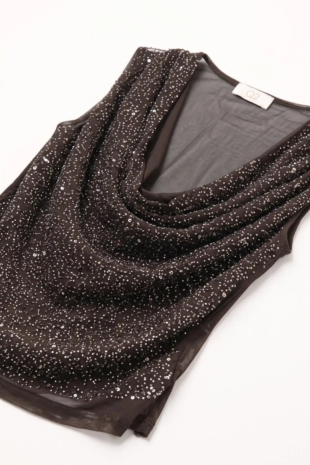 Brown Sequin Cowl Neck Sleeveless Top with mesh back - Shirts