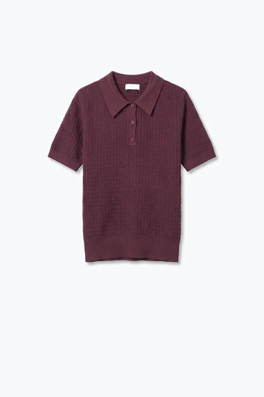 Waffle Knit Button-down Short Sleeve Polo in Burgundy