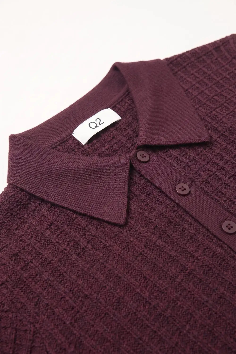 Waffle Knit Button-down Short Sleeve Polo in Burgundy