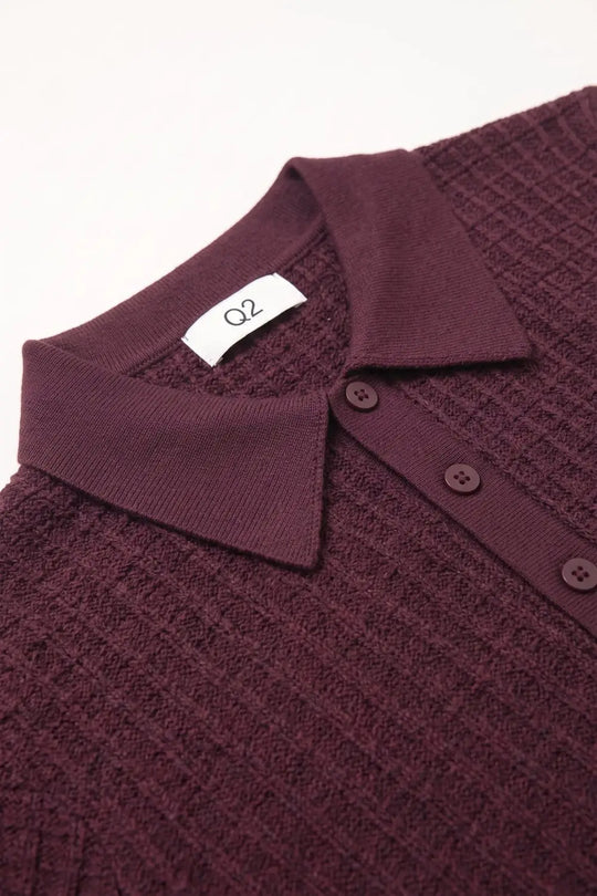 Waffle Knit Button-down Short Sleeve Polo in Burgundy