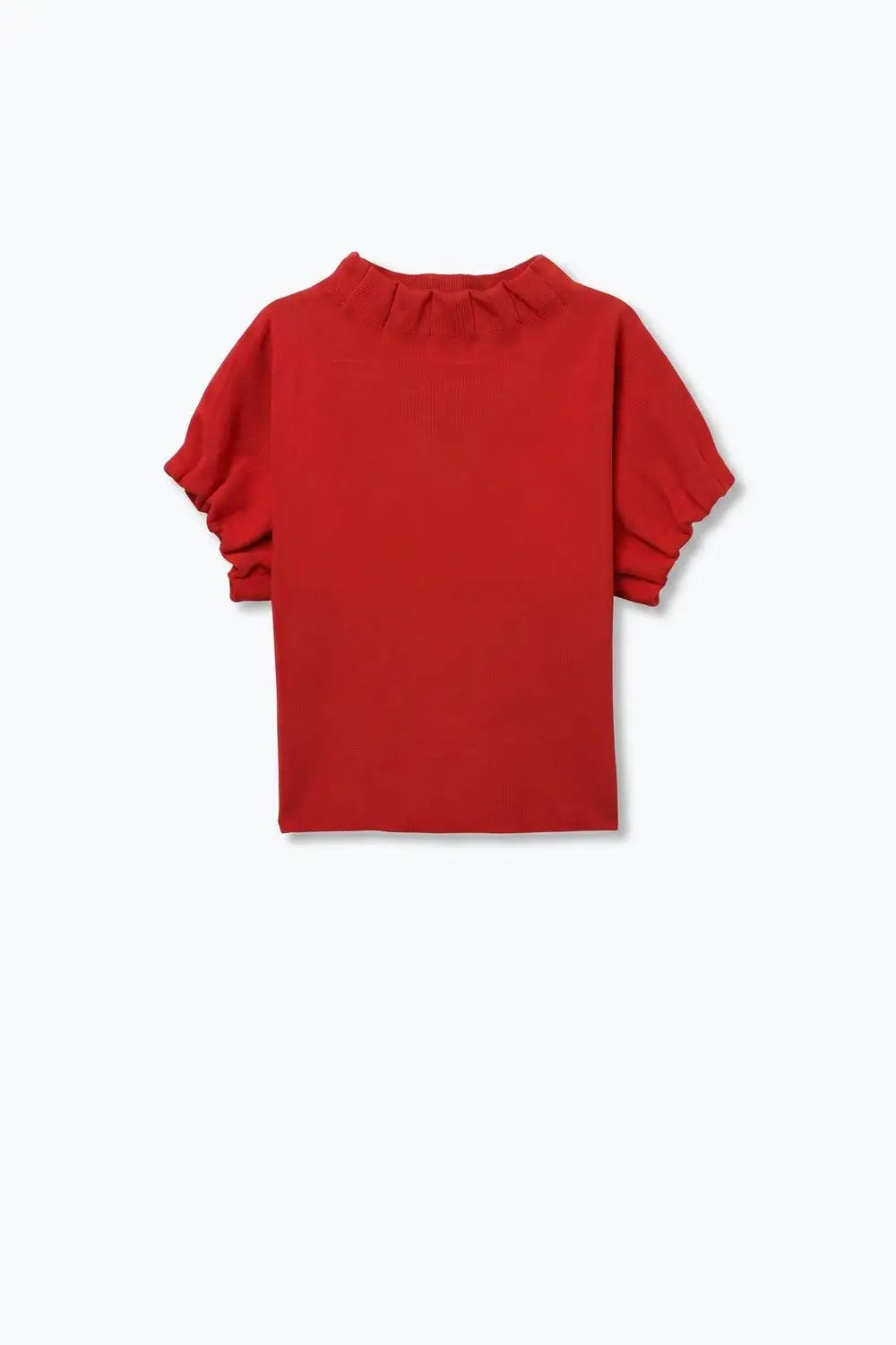 Red Fine Knit Pleated Mock Neck Short Sleeve Sweater