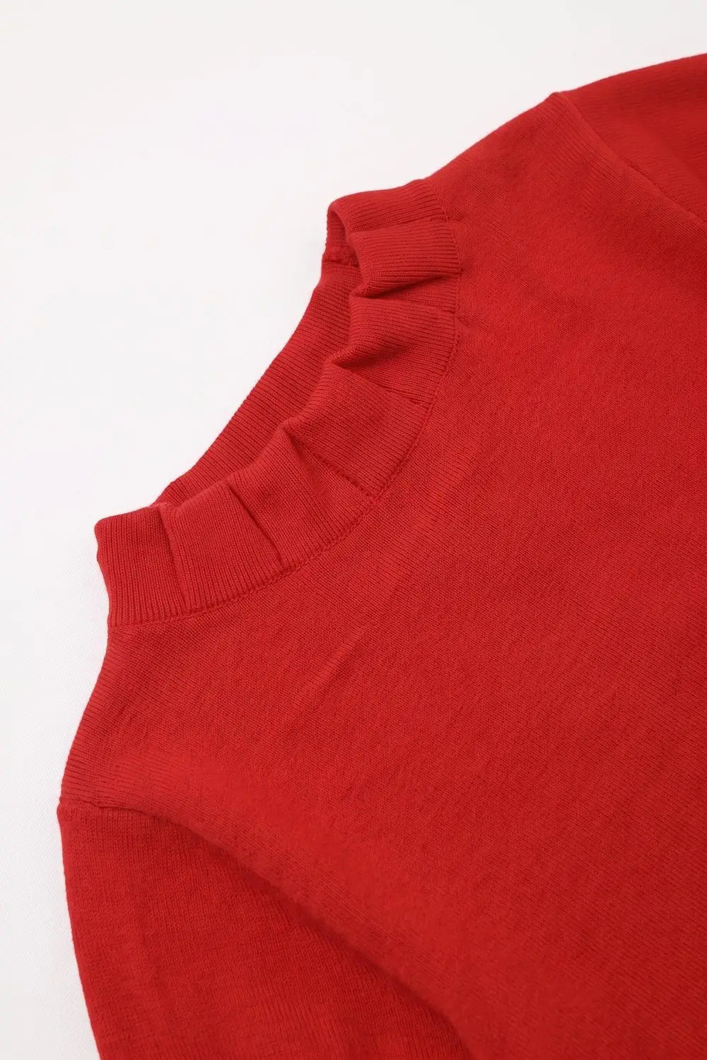 Red Fine Knit Pleated Mock Neck Short Sleeve Sweater