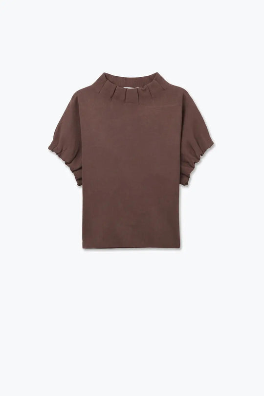 Brown Fine Knit Pleated Mock Neck Short Sleeve Sweater