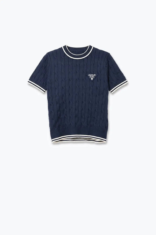 Navy Cable Knit Contrast Trim Short Sleeve Sweater