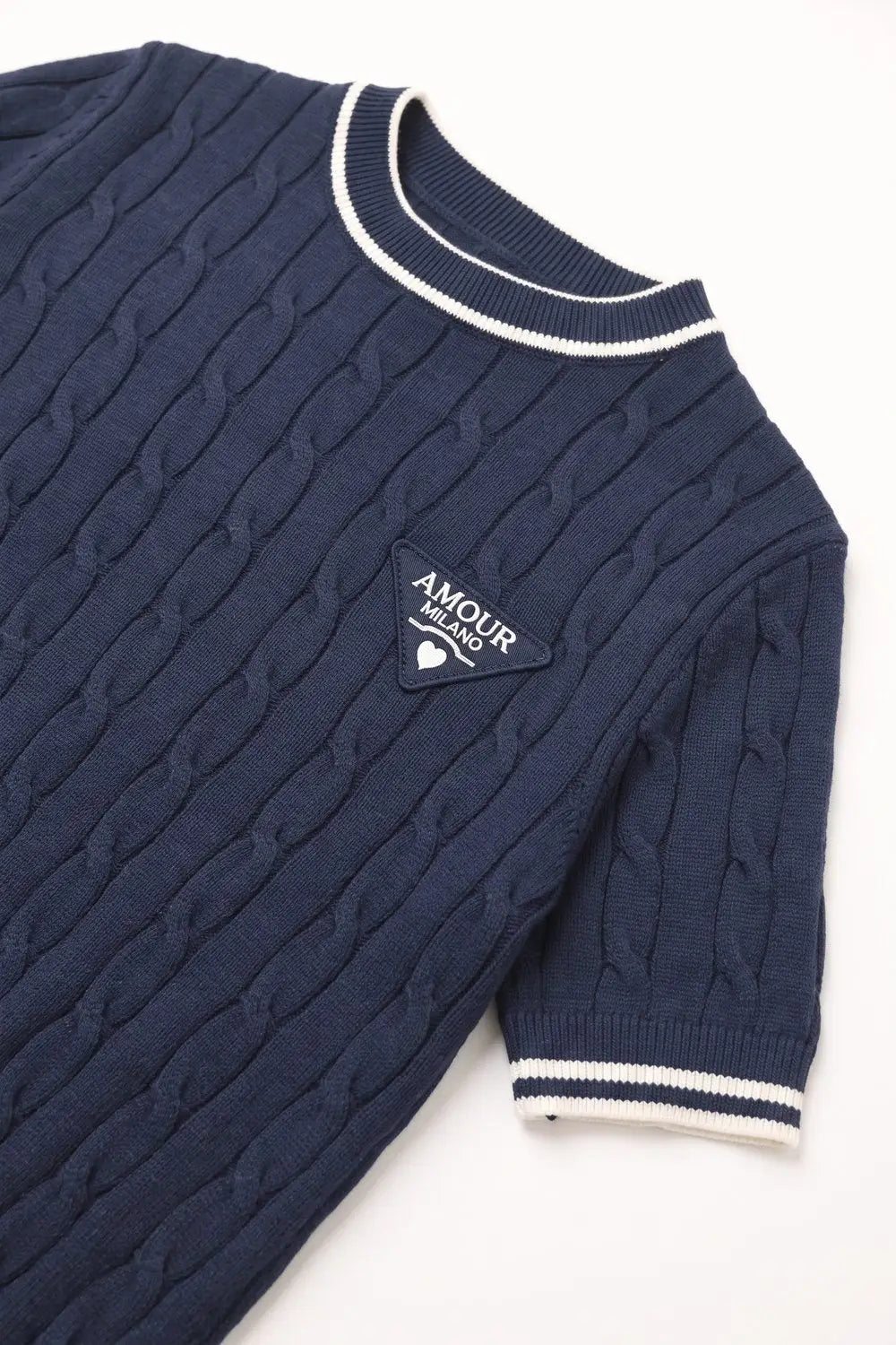 Navy Cable Knit Contrast Trim Short Sleeve Sweater