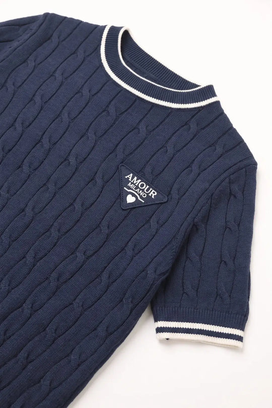 Navy Cable Knit Contrast Trim Short Sleeve Sweater