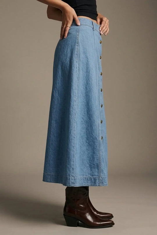 Light Blue Denim midi skirt with Contrast Stitch Button Front A-Line - Skirts