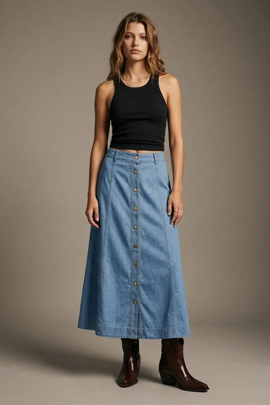 Light Blue Denim midi skirt with Contrast Stitch Button Front A-Line - Skirts
