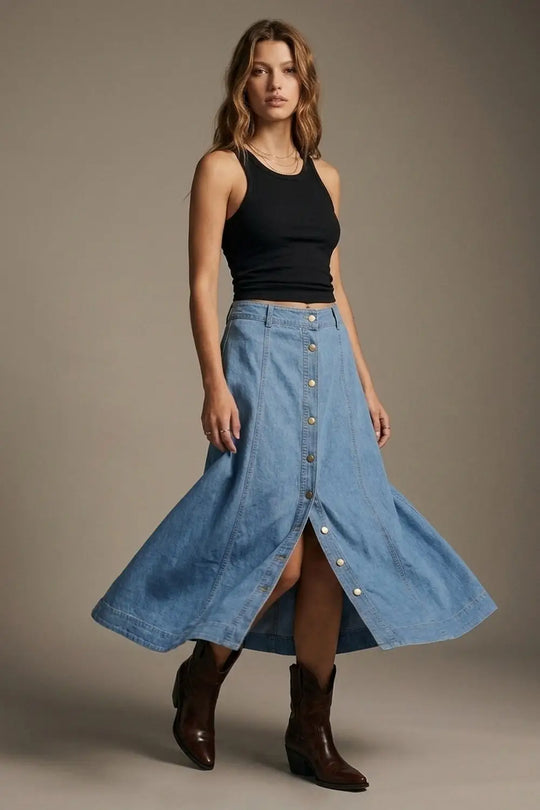 Light Blue Denim midi skirt with Contrast Stitch Button Front A-Line - Skirts