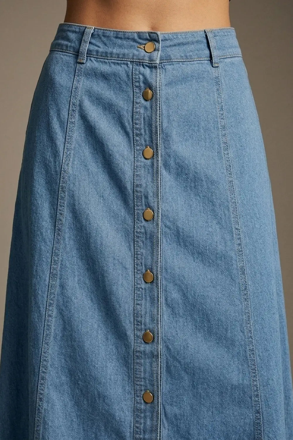 Light Blue Denim midi skirt with Contrast Stitch Button Front A-Line - Skirts