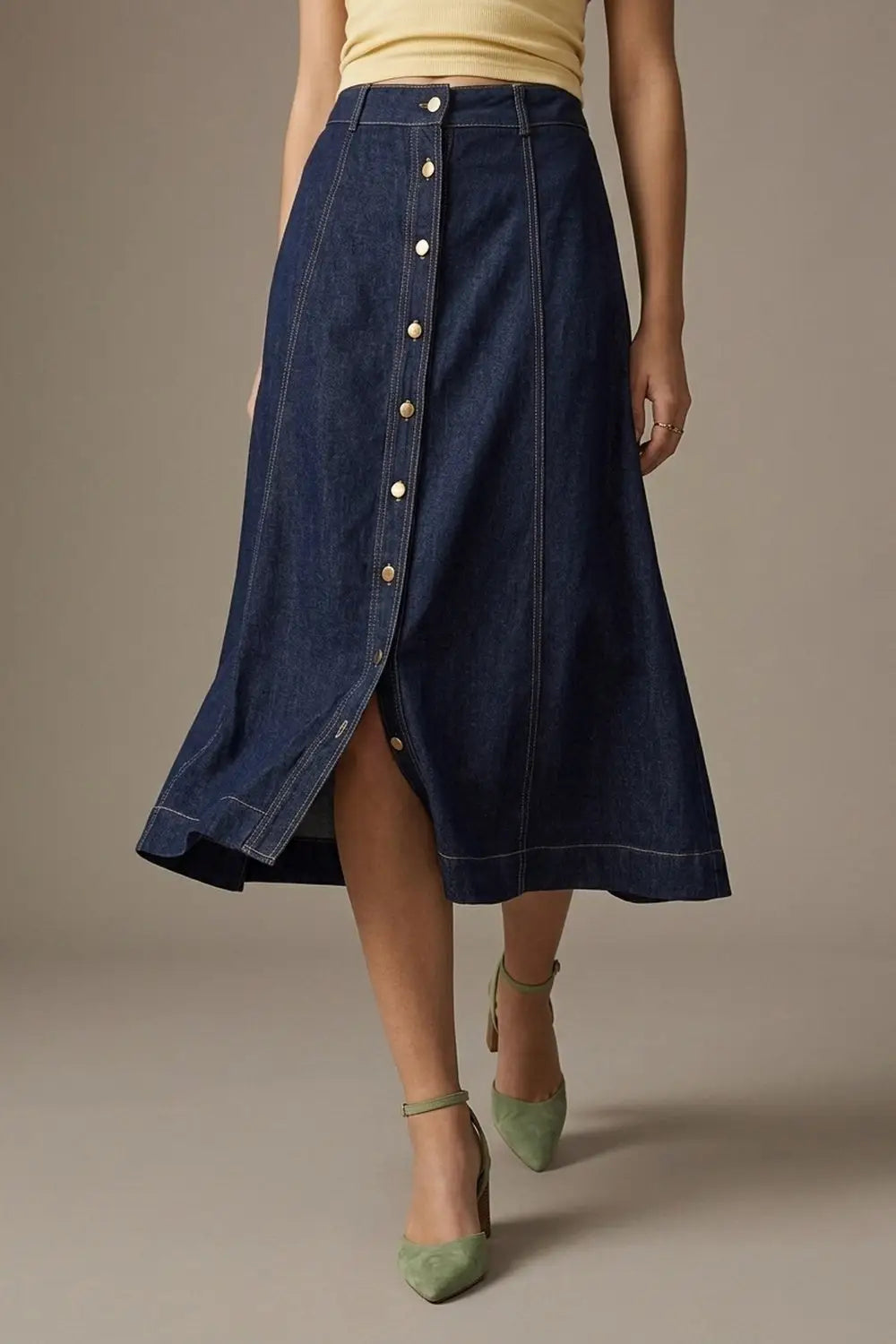 Dark Blue Denim midi skirt with Contrast Stitch Button Front A-Line - Skirts