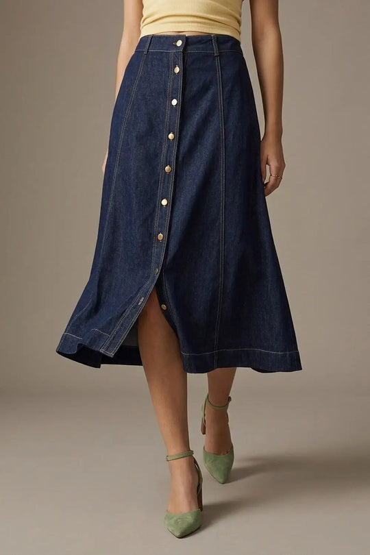 Dark Blue Denim midi skirt with Contrast Stitch Button Front A-Line - Skirts