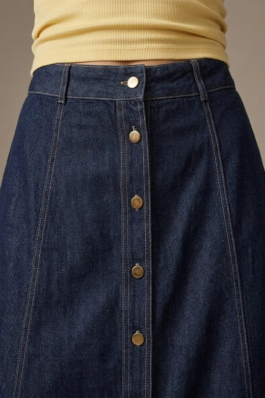 Dark Blue Denim midi skirt with Contrast Stitch Button Front A-Line - Skirts