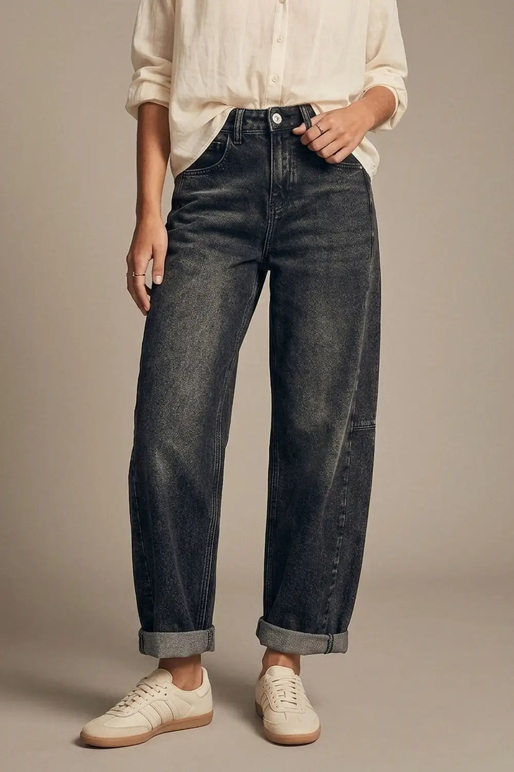 Washed Black Barrel Jeans With Seam Detail