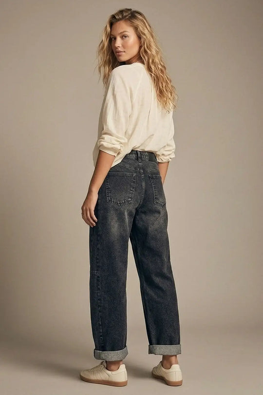 Washed Black Barrel Jeans With Seam Detail