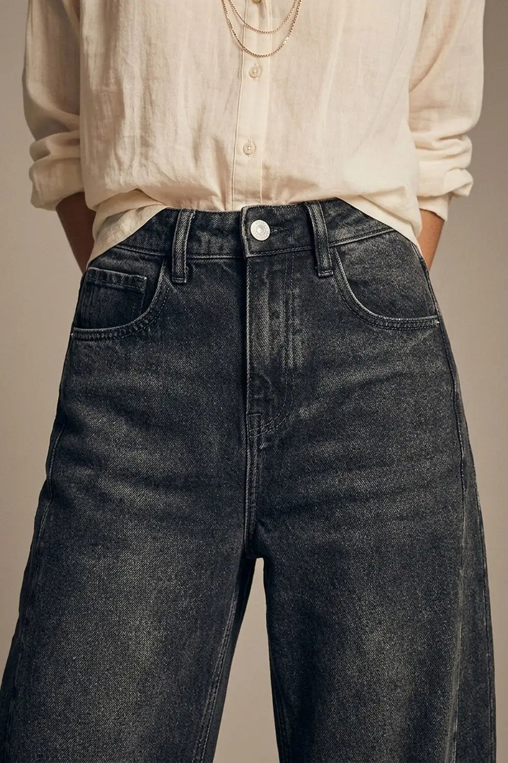 Washed Black Barrel Jeans With Seam Detail