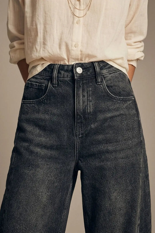 Washed Black Barrel Jeans With Seam Detail