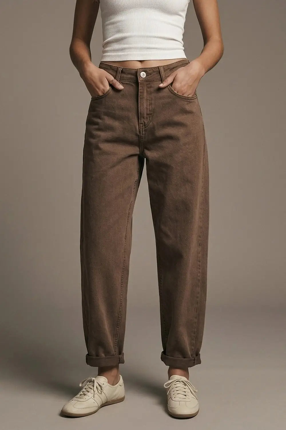 High-Waisted Barrel-Leg Pants in Washed Cocoa - Colored Jeans