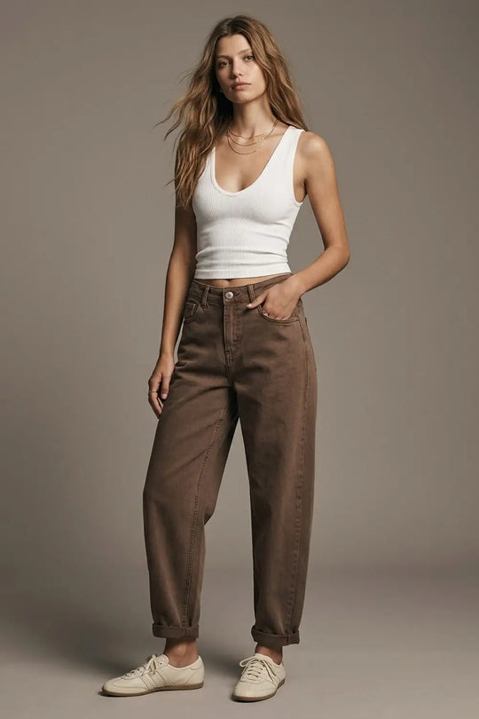 High-Waisted Barrel-Leg Pants in Washed Cocoa - Colored Jeans