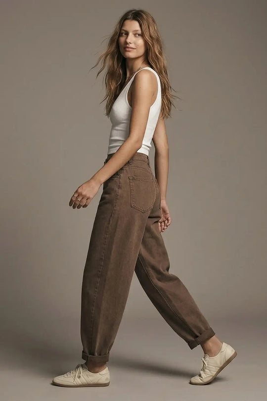 High-Waisted Barrel-Leg Pants in Washed Cocoa - Colored Jeans