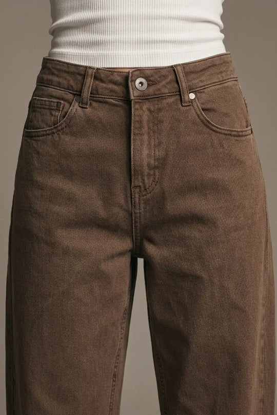 High-Waisted Barrel-Leg Pants in Washed Cocoa - Colored Jeans