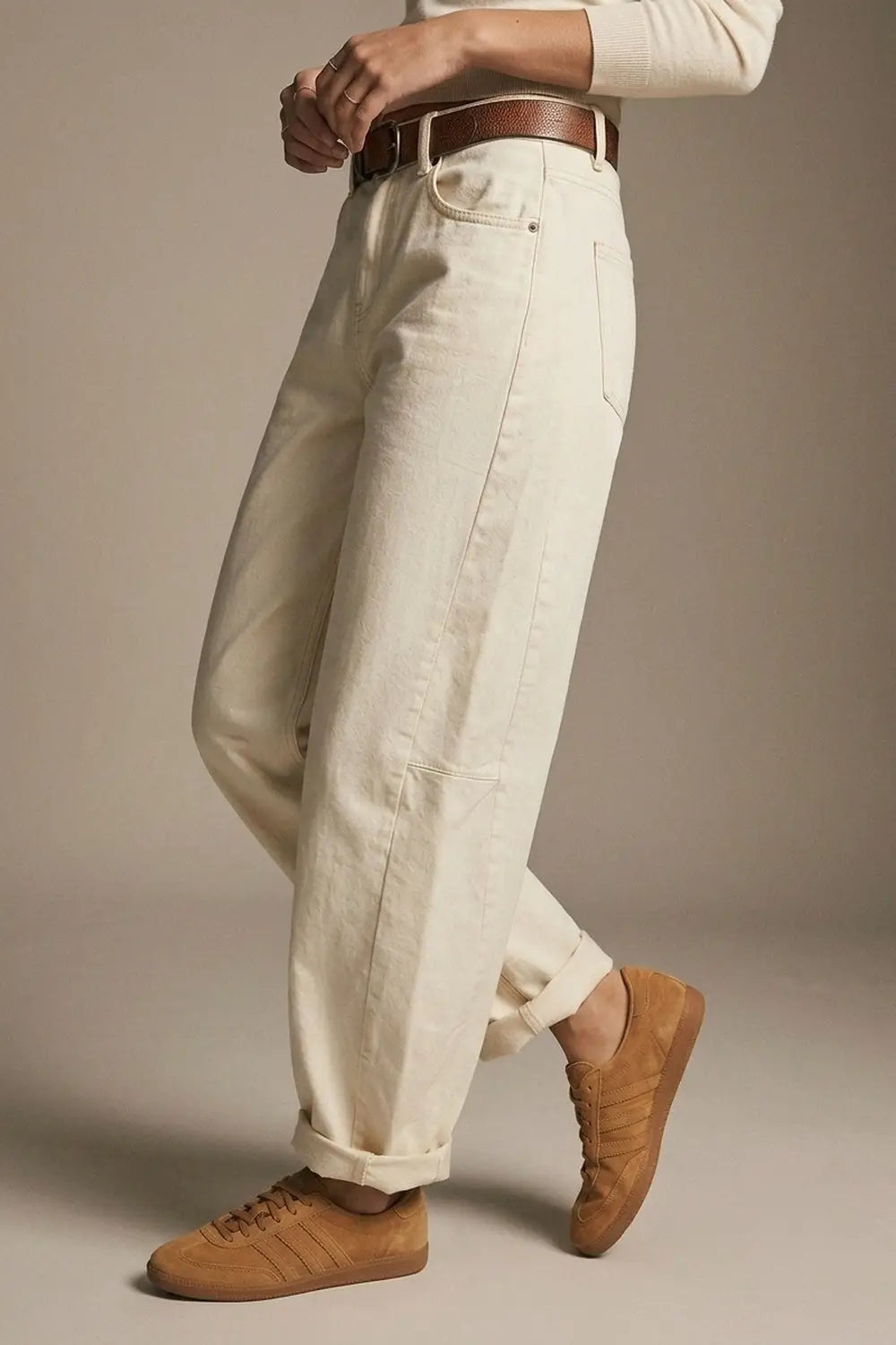 Trendy Cream Barrel Balloon Jeans with Pockets - Colored Jeans