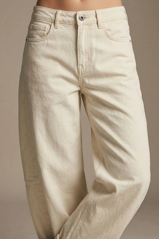 Trendy Cream Barrel Balloon Jeans with Pockets - Colored Jeans