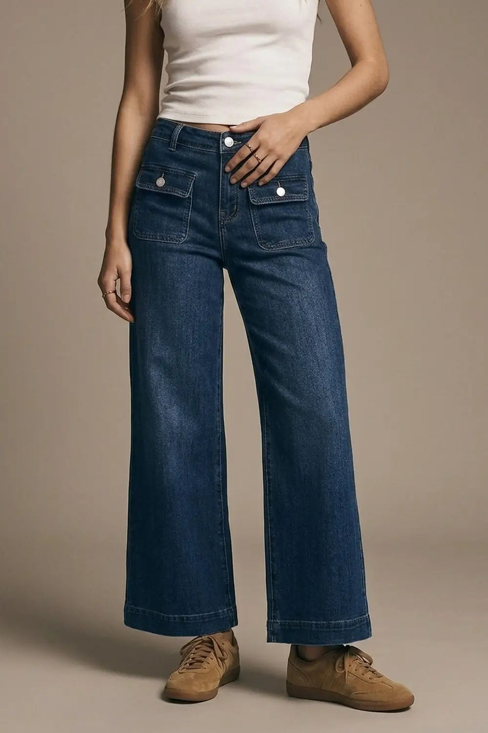 dark wash Blue Wide-Leg Denim Jeans with Button Detail