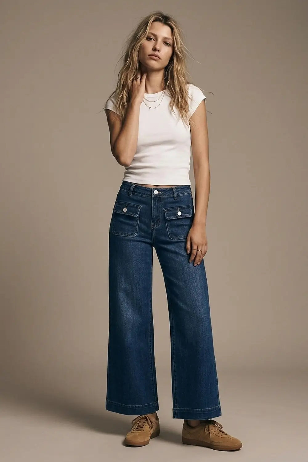 dark wash Blue Wide-Leg Denim Jeans with Button Detail