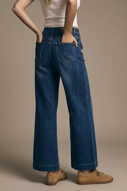 dark wash Blue Wide-Leg Denim Jeans with Button Detail