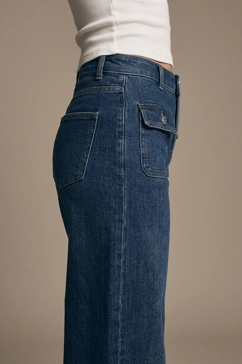 dark wash Blue Wide-Leg Denim Jeans with Button Detail