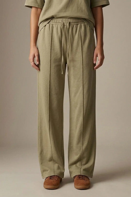 Khaki Cotton Wide Leg Elastic Waist Relaxed Fit Pants - Pants