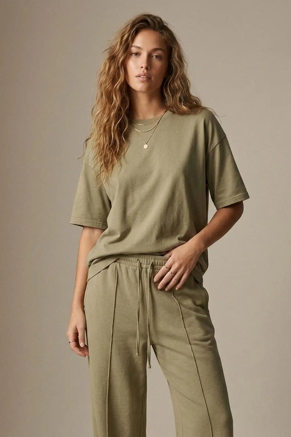 Khaki Cotton Wide Leg Elastic Waist Relaxed Fit Pants - Pants