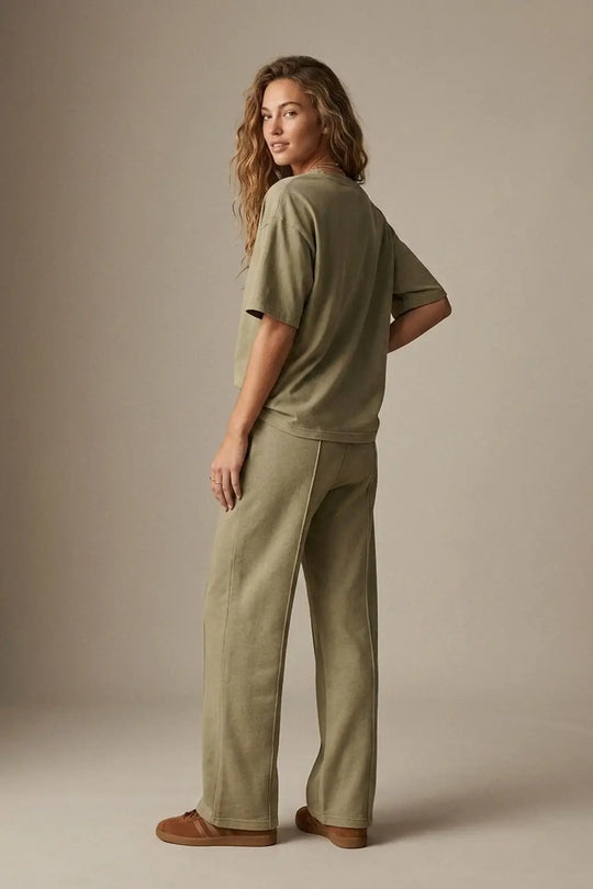 Khaki Cotton Wide Leg Elastic Waist Relaxed Fit Pants - Pants
