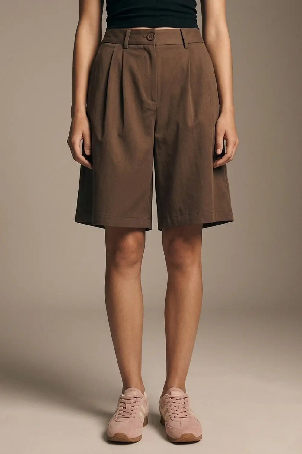 brown Pleated Bermuda Shorts with Knee-Length and Tailored Fit - Pants