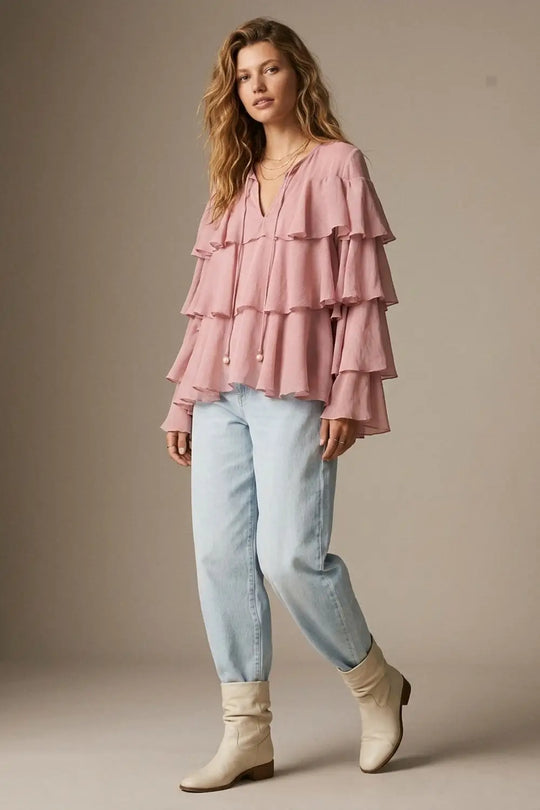 Pink Chiffon Tiered Ruffle Tie-Neck Flared Blouse Top