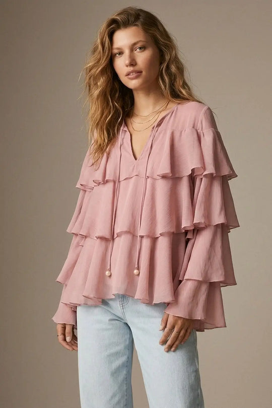 Pink Chiffon Tiered Ruffle Tie-Neck Flared Blouse Top